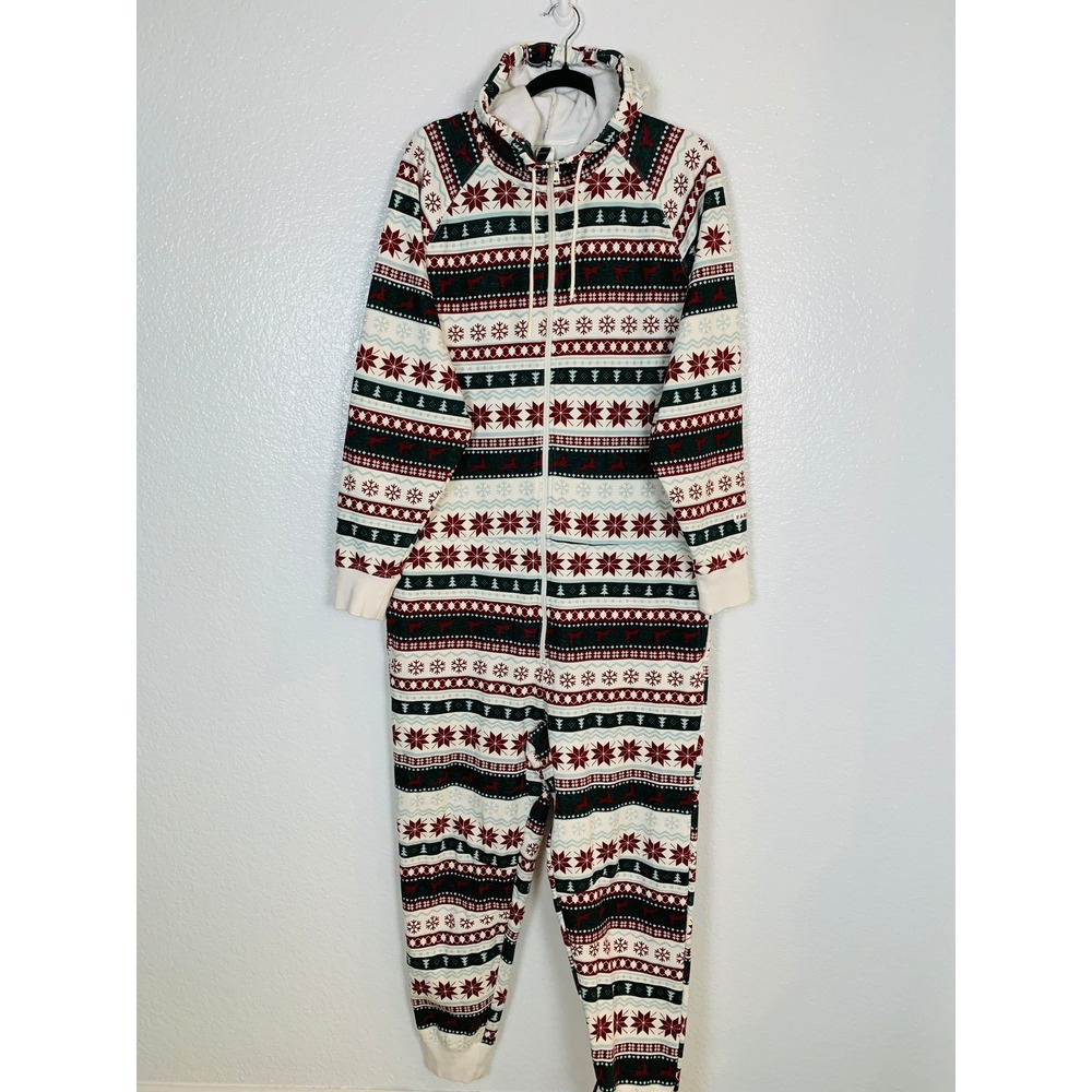 Fabletics One Piece Jumpsuit Women XL White Fair Isle Holiday Christmas Pajamas